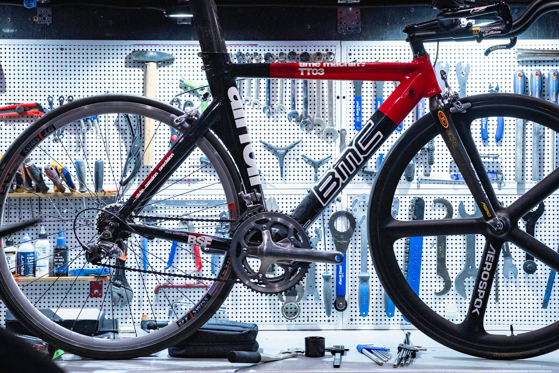 a bike is parked in a bike shop